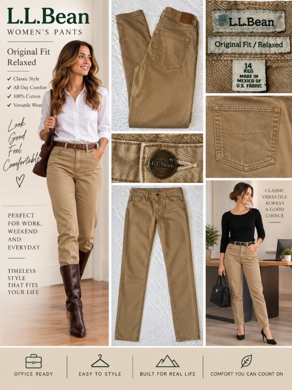 L.L.Bean Original Fit Relaxed Tan Casual Pants Women’s 14 Regular 100% Cotton